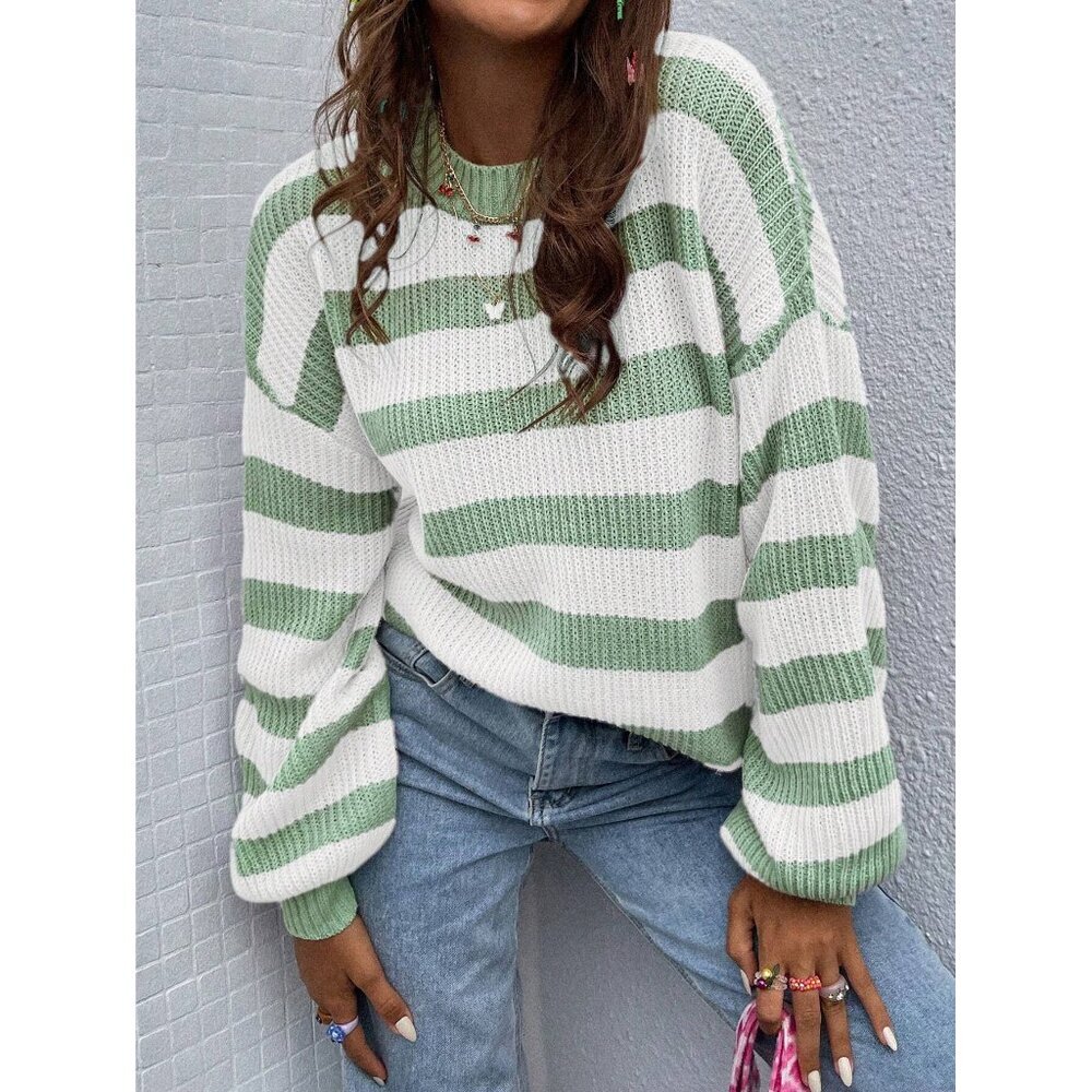 soft knit crew neck preppy striped sweater blue white - Picture 2 of 2